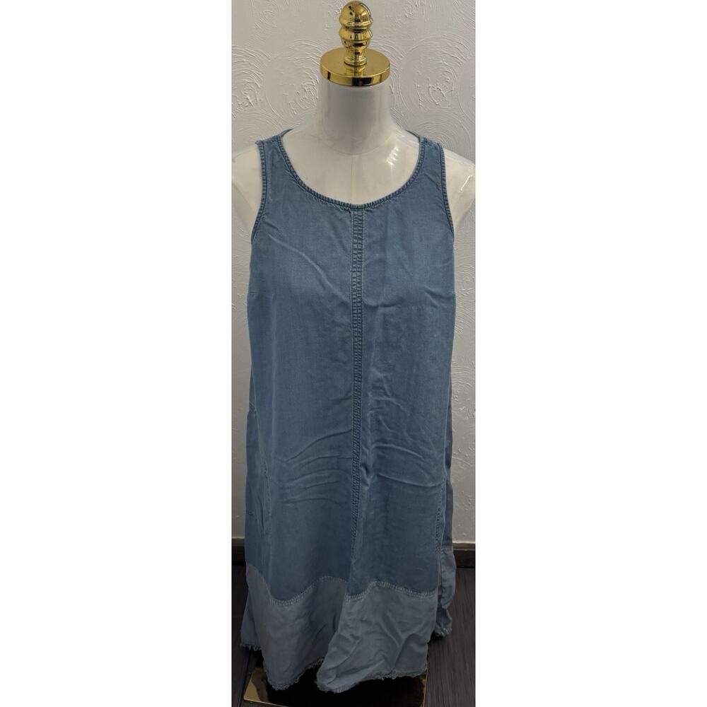 J. Jill Denim Blue Chambray Sleeveless Midi Dress Size Small Frayed Hem Modest